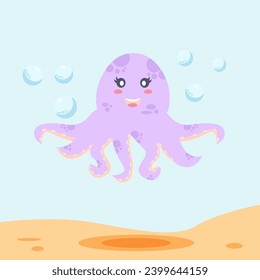 Cute smiling octopus. Funny underwater animal with eight tentacles. Childish character. Colored flat cartoon vector illustration. Cute cartoon undersea world.
