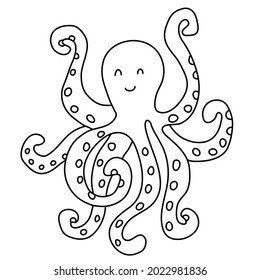Cute smiling octopus. Hand drawn vector illustration in doodle style on white background. Isolated black outline. Sea and ocean animals theme. Great for kids coloring books.