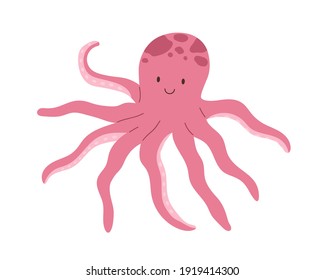 Cute smiling octopus isolated on white background. Funny underwater pink animal with eight tentacles. Childish character. Colored flat cartoon vector illustration