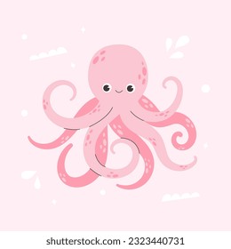 Cute smiling octopus isolated on pink background. Funny underwater pink animal with eight tentacles. Childish character. Colored flat cartoon vector illustration. Cute cartoon undersea world.