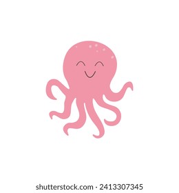 El pulpo sonriente lindo aislado en un fondo blanco. Animal rosa bajo el agua divertida con tentáculos. Carácter kawaii infantil. Ilustración vectorial plana de color. Un mundo submarino con dibujos animados.