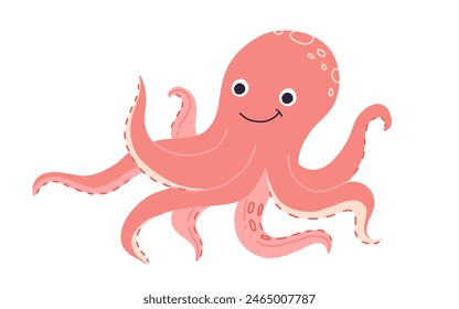 Cute smiling octopus isolated on pink background. Funny underwater pink animal with eight tentacles. Childish character. Colored flat cartoon vector illustration. Cute cartoon undersea world.