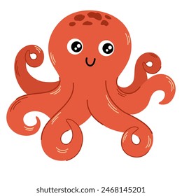 Cute smiling octopus isolated on white background. Funny underwater pink animal with eight tentacles. Childish character. Vector flat cartoon illustration