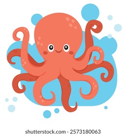 Cute smiling octopus isolated on white background. Childish character. Vector flat cartoon illustration. Funny underwater pink animal with eight tentacles. 