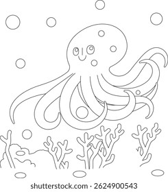 Cute smiling octopus underwater coloring page illustration
