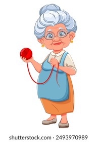 Una linda anciana sonriente sostiene una bola de hilo. Feliz día de los abuelos. Alegre abuela personaje de dibujos animados