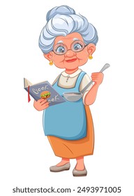 Süße lächelnde alte Frau hält ein Kochbuch. Alles Gute zum Tag der Großeltern. 