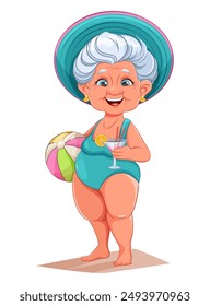 Cute smiling old woman on the beach. Happy Grandparents day. Cheerful grandmother cartoon character