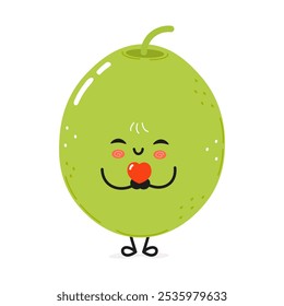 Carácter sonriente lindo de la aceituna que sostiene un corazón en manos. Icono de ilustración de personaje kawaii de dibujos animados dibujado a mano de Vector. Aislado sobre fondo blanco Oliva verde en concepto de personaje de amor