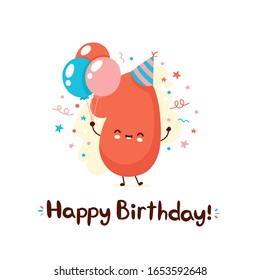 Cute smiling one number with balloons in festive hat. Happy birthday 1 year.Vector flat cartoon character illustration icon design.Isolated on white background. Happy birthday 1 year card concept