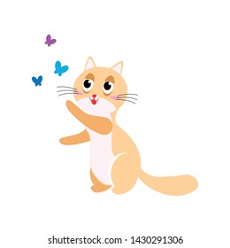 Cute smiling orange cat is playing with flying butterfly