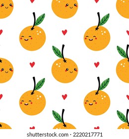 Lächelnde orangefarbene Fruchtcharaktere und rote Herzen Vektorgrafik nahtloser Muster-Hintergrund.
