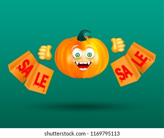 Cute smiling orange pampkin with scary decor of spider on cobweb holding shopping bags with bloody red text sale on dark green background. Halloween shopping.