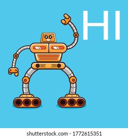Cute lächelnd orange Roboter Maskottchen, Roboter sagen hi.friendly Roboter. moderne, flache Vektorgrafik-Zeichengrafik. einzeln auf blauem Hintergrund 