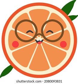 Cute smiling orange slice in glasses with green leaves vector icon. Vector logo illustration of citrus slice in cartoon style