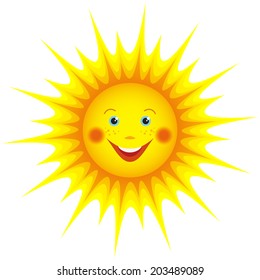 Cute smiling orange sun cartoon isolated on white background, element for design. Vector illustration