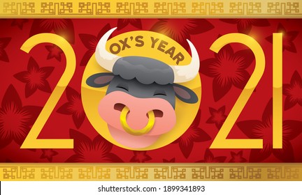 Cute, lächelnde Ochse auf goldener Zahl und Kirschblüte Hintergrund, Förderung 2021 als das Ochsenjahr, nach chinesischer Astrologie.