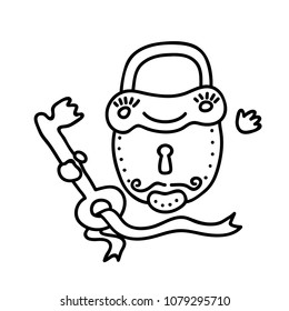 Cute smiling padlock with key in hand. Linear sketch, vector