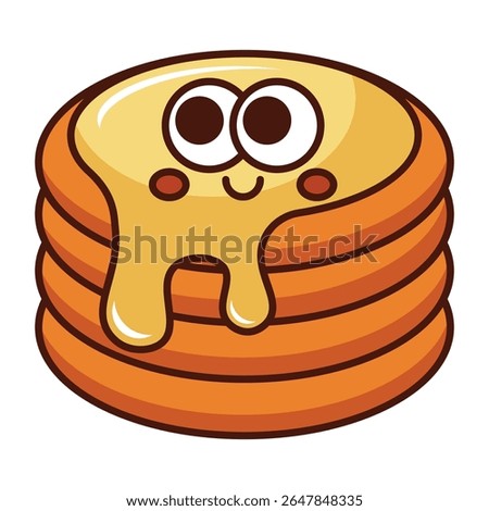 Cute smiling pancake stack with syrup face isolated on white background.