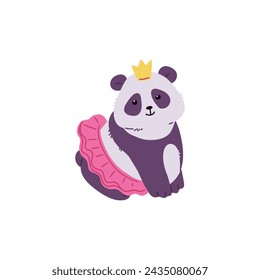 Cute smiling panda bear dressed in princess costume with skirt and crown flat style, vector illustration isolated on white background. Decorative design element for postcards, funny character