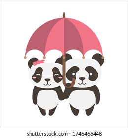 Cute smiling panda couple under umbrella 
flat illustration. Vector.