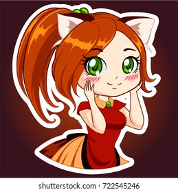 Cute smiling panda girl with red hair and green eyes. Vector illustration. Cartoon sticker in japanese comic style. Isolated on dark background.