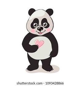 A cute smiling panda holds the heart in hand. Lovely vector illustration for greeting cards, posters, textiles.
