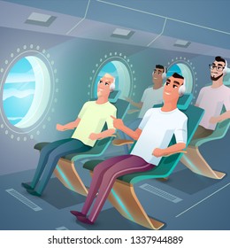 Cute Smiling Passenger Listen Music on Headphone. First Class Airplane Interior. Future Comfort Fly Concept. Business or Vacation Journey. Sky Cloud Window View Flat Cartoon Vector Illustration