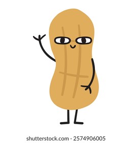 Cute and smiling peanut. Funny character. Flat hand drawn design. Illustration on white background.