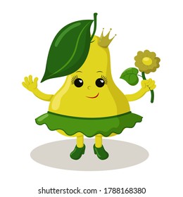 Cute smiling pear girl with crown, skirt and High heel shoes holding flower. Colorful kawaii fruit emoticon. Isolated vector illustration.