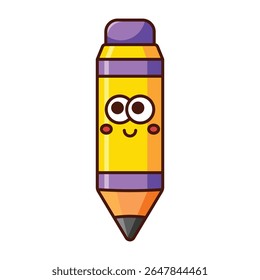 Cute smiling pencil cartoon icon with yellow body and purple eraser isolated on white background