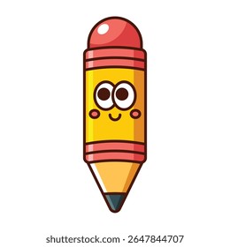 Cute smiling pencil cartoon icon with red eraser isolated on white background