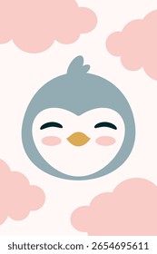 Rosto de Pinguim Sorridente Bonito com Nuvens Rosa Ilustração. Ideal para a decoração infantil e desenhos, esta imagem encantadora exala calor e divertimento.