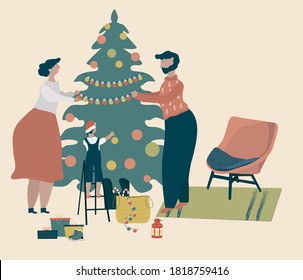 Cute smiling people decorate the Christmas tree with trinkets and garlands. A happy family or group of friends is preparing for a festive celebration. Vector illustration in cartoon style.