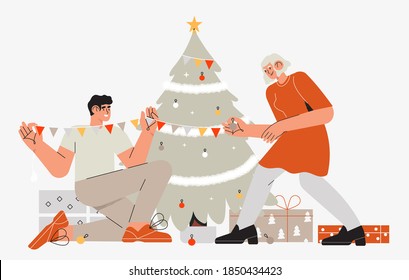 Cute smiling people decorating Christmas tree with baubles, garlands and gifts. Team members or couple preparing for holiday celebration office or home. Vector illustration in flat cartoon style.