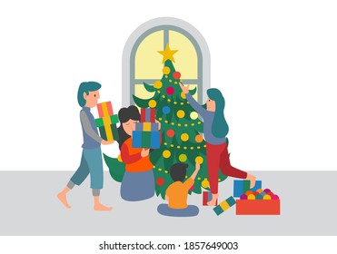 Cute smiling people decorating Christmas tree with baubles and garlands. Group of joyful people celebrate Christmas isolated images on a white background. Flat cartoon colorful vector illustration