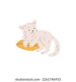 Una mascota sonriente y tierna sobre una almohada amarilla de estilo plano, ilustración vectorial aislada sobre fondo blanco. Un animal doméstico bonito, lana ligera, mascota de descanso divertida