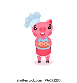 Cute smiling pig chef character holding freshly baked pie, funny cartoon piggy animal vector Illustration