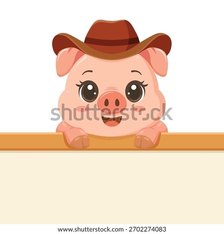 Cute smiling pig in a cowboy hat peeking over a blank sign, bringing a fun western vibe to playful farm or kids designs.