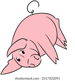 Cute smiling pig lying on the ground