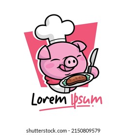 CUTE SMILING PIG WEARING CHEF UNIFORM AND HAT CARTOON MASCOT LOGO