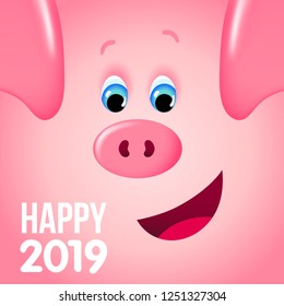 Cute smiling piggy face festive season card. Happy New Year 2019 symbol, cartoon square pig character, funny pudgy avatar. Vector illustration for t-shirt, print design, party invitation, social media