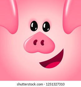 Cute smiling piglet face festive season card. Happy New Year 2019 symbol, cartoon square pig character, fun pudgy avatar. Vector illustration for t-shirt, print design, party invitation, social media