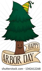 Cute, smiling pine with a party hat and a greeting ribbon around it celebrating Arbor Day.