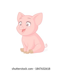 Cute smiling pink baby piglet sitting. Vector cartoon character isolated on white background.