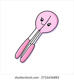 Una pinza de cocina de dibujos animados rosa linda y sonriente con una cara amigable se representa como una Ilustración vectorial aislada sobre un fondo blanco limpio.   