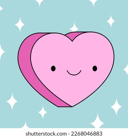 Cute smiling pink heart cartoon character. Groovy sticker in trendy retro style. Nostalgia for the 90s.