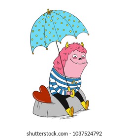 Cute smiling pink monster with red heart set on the stone under the umbrella. Vector children book illustration.