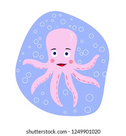 Cute smiling pink octopus in water with bubbles vector
