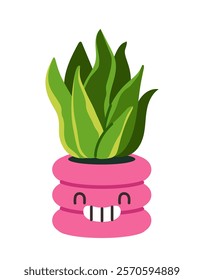 Cute smiling pink pot with green leafy plant on white background. Minimal flat design. Concept of joy, nature, and playful decor. Vector illustration